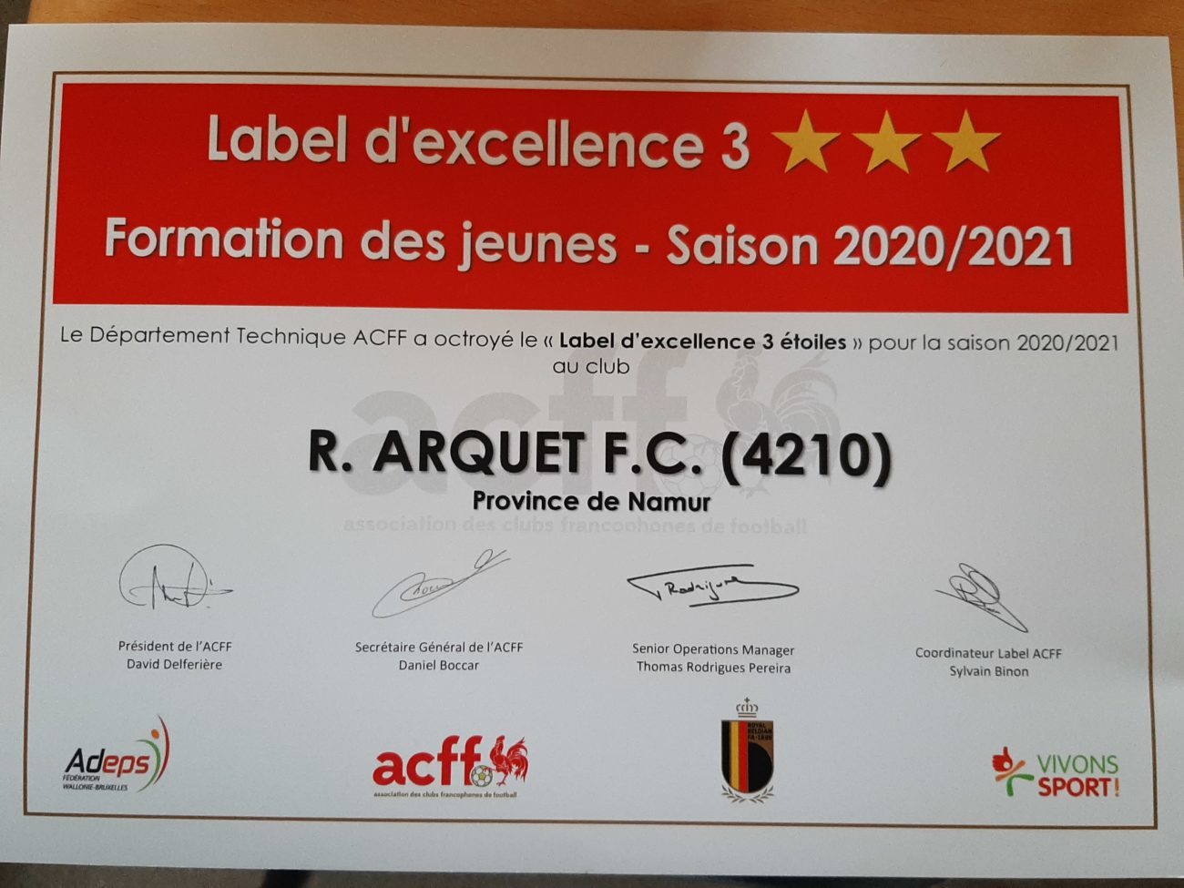 CLUB LABEL ACFF 3 ETOILES – FORMATION DES JEUNES